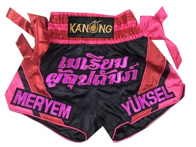 Op maat gemaakte Muay Thai shorts met naam : KNSCUST-1291-Zwart-Roze