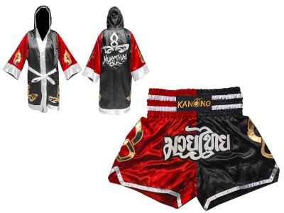 Kickboksset - Gepersonaliseerde boksjurk en Muay Thai broekje : 143-Rood-Zwart