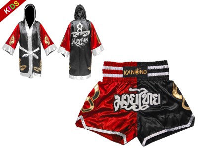 Kanong Kinder Kleding boksjurk en Muay Thai broek met naam : 143-Rood-Zwart