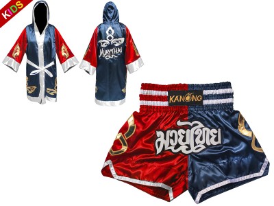 Kanong Kinder Kleding boksjurk en Muay Thai broek met naam : 143-Rood-Marineblauw