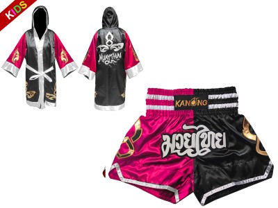 Kanong Kinder Kleding boksjurk en Muay Thai broek met naam : 143-Roos-Zwart