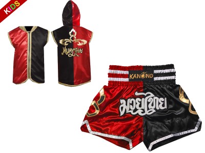 Kanong Kinder Kleding Boksjas met capuchon en Muay Thai broek : 143-Rood-Zwart