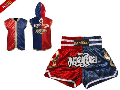 Kanong Kinder Kleding Boksjas met capuchon en Muay Thai broek : 143-Rood-Marineblauw