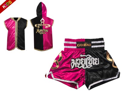 Kanong Kinder Kleding Boksjas met capuchon en Muay Thai broek : 143-Roos-Zwart