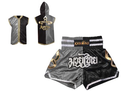 Kanong Boksen capuchon jas en Muay Thai broek : 143-Zilver-Zwart