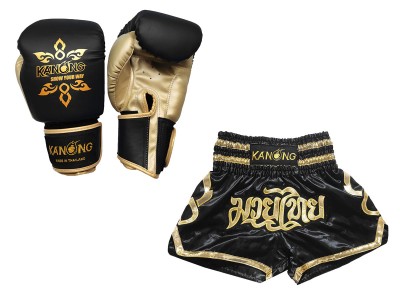 Kickboks Set Bijpassende Muay Thai handschoenen en broekje : Set-121-Zwart