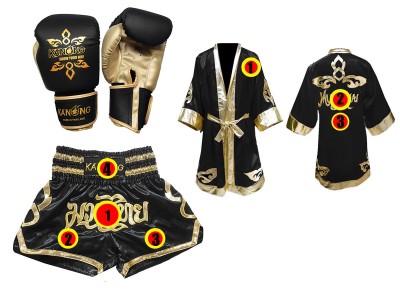 Muay Thai Set - Handschoenen + op maat gemaakte korte broek + op maat gemaakt mantel : Thai Power Zwart