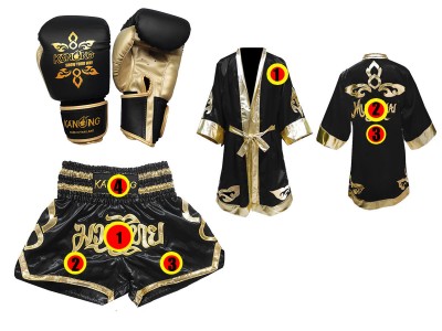 Muay Thai Set - Handschoenen + Muay Thai broek ontwerpen + Boks gewaad ontwerpen : Thai Power Zwart