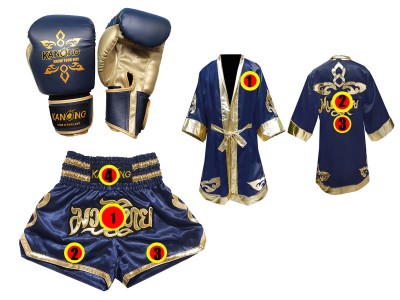Muay Thai Set - Handschoenen + Muay Thai broek ontwerpen + Boks gewaad ontwerpen : Thai Power Marineblauw
