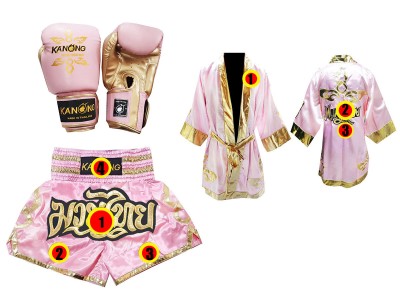 Muay Thai Set - Handschoenen + op maat gemaakte korte broek + op maat gemaakt mantel : Thai Power Roze