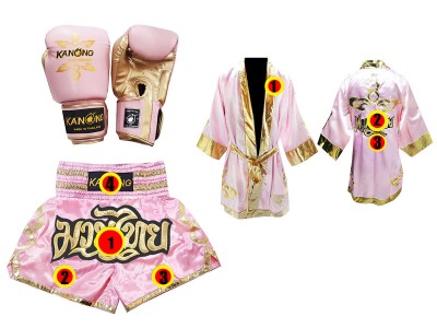 Muay Thai Set - Handschoenen + Muay Thai broek ontwerpen + Boks gewaad ontwerpen : Thai Power Roze