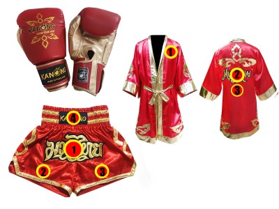 Kickboks Set - Handschoenen + op maat gemaakte korte broek + op maat gemaakt mantel : Thai Power Rood