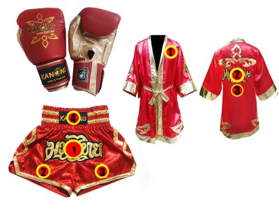 Kickboks set - Handschoenen + Muay Thai broek ontwerpen + Boks gewaad ontwerpen : Thai Power Rood