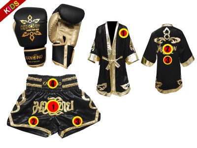 Kinder Kickboksset Bokshandschoenen + Muay Thai broek ontwerpen + Boks gewaad ontwerpen : Thai Power Zwart