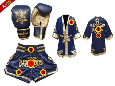 Kinder Kickboksset Bokshandschoenen + Muay Thai broek ontwerpen + Boks gewaad ontwerpen : Thai Power Marineblauw