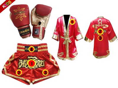 Kinder Kickboksset Bokshandschoenen + op maat gemaakte korte broek + op maat gemaakt mantel : Thai Power Rood
