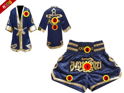 Kanong Kinder Kleding Boks gewaad en Muay Thai broek  met naam : Model 121-Marineblauw