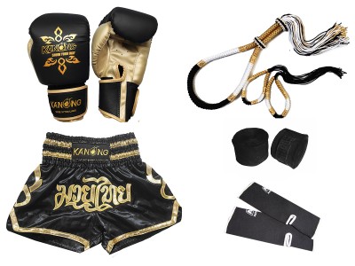 Bokshandschoenen en kickboksbroekje met bijpassende Muay Thai-uitrusting : Set-121-Zwart