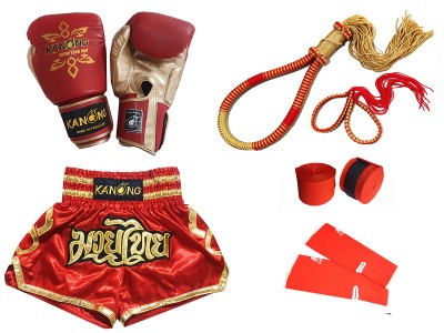 Bokshandschoenen en kickboksbroekje met bijpassende Muay Thai-uitrusting : Set-121-Rood