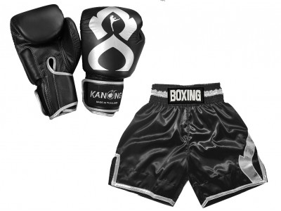 BoksSet -Bokshandschoenen en Boksshorts: KNCUSET-201-Zwart-Zilver