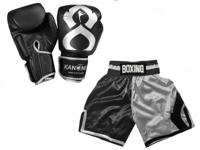 BoksSet - Bokshandschoenen en Boksshorts: KNCUSET-202-Zwart-Zilver