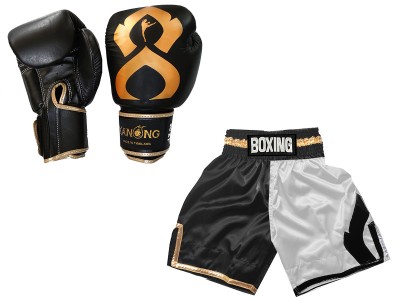 BoksSet - Bokshandschoenen en Boksshorts: KNCUSET-202-Zwart-Wit