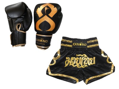 Productset Bijpassende Muay Thai handschoenen en broekje : Set-121-Thaikick-Zwart