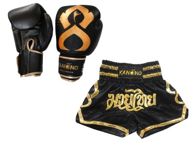 Muay Thai Set - Bijpassende Muay Thai handschoenen en broekje : Set-121-Thaikick-Zwart