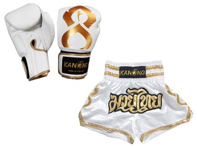 Productset Bijpassende Muay Thai handschoenen en broekje : Set-121-Thaikick-Wit