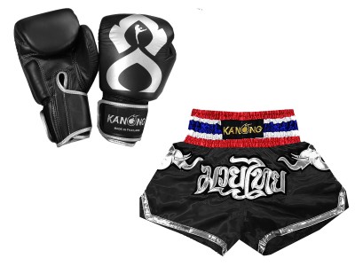 Muay Thai Set -  Muay Thai handschoenen en broekje : Set-125-Gloves-Thaikick-Zwart