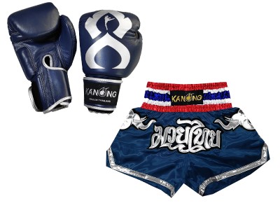 Productset Bijpassende Muay Thai handschoenen en broekje : Set-125-Gloves-Thaikick-Marineblauw