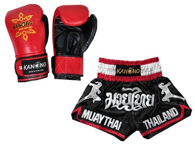 Productset Bijpassende Muay Thai handschoenen en broekje : Set-133-Gloves-Zwart