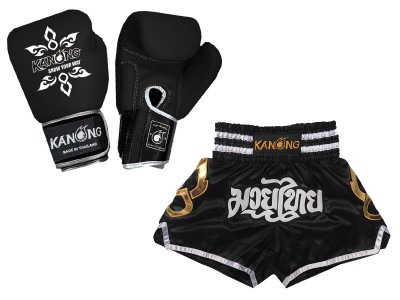 Productset Bijpassende Muay Thai handschoenen en broekje : Set-143-Gloves-Zwart