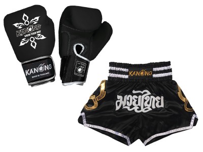 Muay Thai Set - Bijpassende Muay Thai handschoenen en broekje : Set-143-Gloves-Zwart