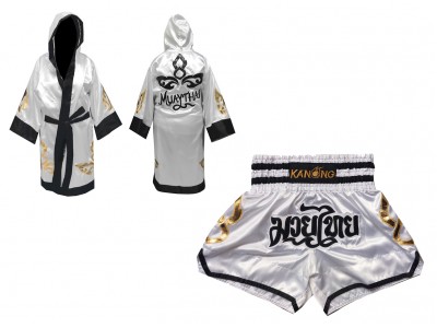 Kickboksset - boksjas en Muay Thai broekje gepersonaliseerde : SET-143-Wit