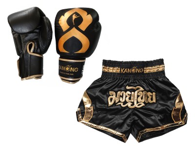 Productset Bijpassende Muay Thai handschoenen en broekje : Set-144-Gloves-Zwart-Goud