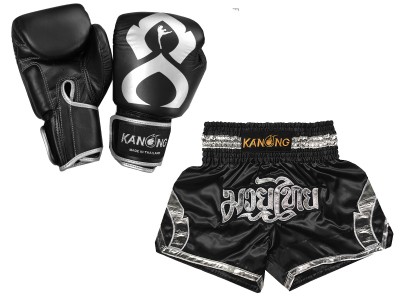 Productset Bijpassende Muay Thai handschoenen en broekje : Set-144-Gloves-Zwart-Zilver