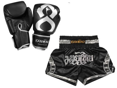 Muay Thai Set - Bijpassende Muay Thai handschoenen en broekje : Set-144-Gloves-Zwart-Zilver