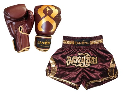 Muay Thai Set - Bijpassende Muay Thai handschoenen en broekje : Set-144-Gloves-Kastanjebruin