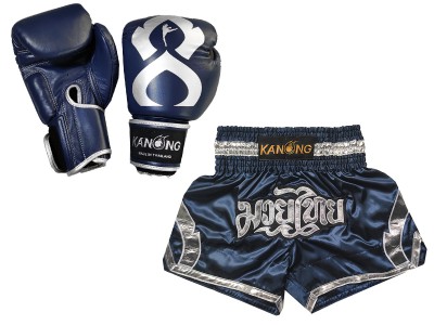 Muay Thai Set -  Bijpassende Muay Thai handschoenen en broekje : Set-144-Gloves-Marineblauw