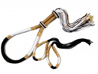 Muay Thai Mongkon Hoofdband en Prajead Armbanden: Thaise stijl-Wit-Zwart-Goud