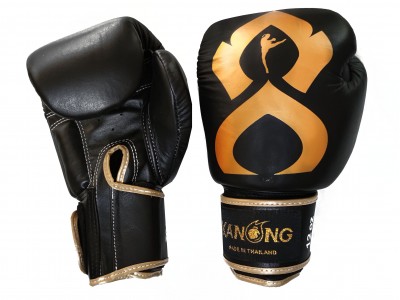 Kanong Kick boks Bokshandschoenen van echt leer : "Thai Kick" Zwart-Goud