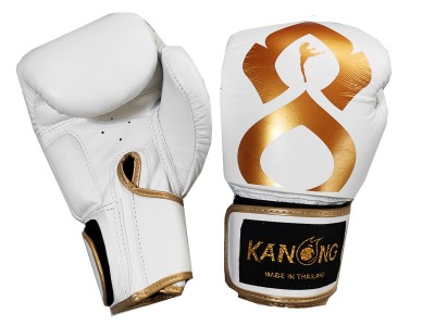 Kanong Muay Thai Bokshandschoenen van echt leer : "Thai Kick" Wit-Goud