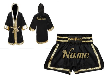 Kanong Kickboksset - boksjas en Muay Thai broekje gepersonaliseerde : Set-140-Zwart-Goud