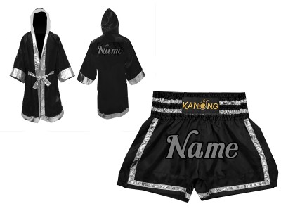 Kanong Kickboksset - boksjas en Muay Thai broekje gepersonaliseerde : Set-140-Zwart-Zilver