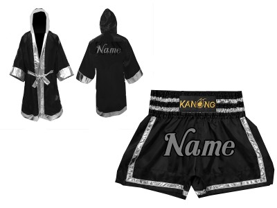 Kickboks set - Gepersonaliseerde boksjas en Kickboks broekje : Set-140-Zwart-Zilver