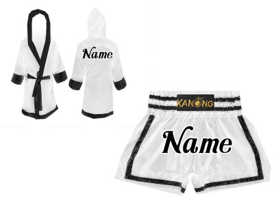 Kickboksset - Gepersonaliseerde boksjas en Muay Thai broekje : Set-140-Wit-Zwart