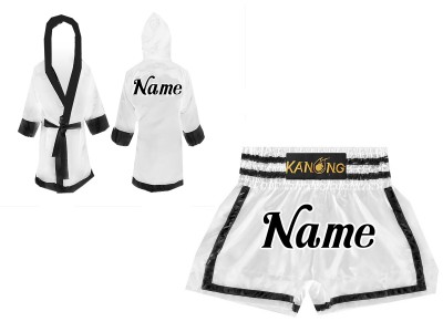 Kanong Kickboksset - boksjas en Muay Thai broekje gepersonaliseerde : Set-140-Wit-Zwart