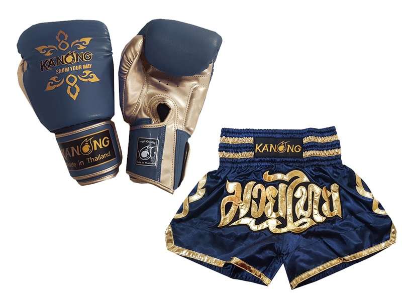 stok kleur viel Productset Bijpassende Muay Thai-handschoenen en broekje :  Set-121-Marineblauw | MuayThaiBoksen.com