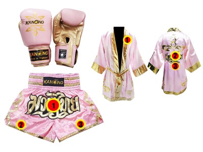 Set Muay Thai-handschoenen + op maat gemaakte korte broek + op maat gemaakt mantel : Thai Power Roze